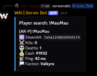 Player search result with Steam ID, kills, deaths, cash, ping and faction
