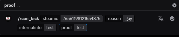 rcon_kick command with Steam ID, reason, internal information and proof fields